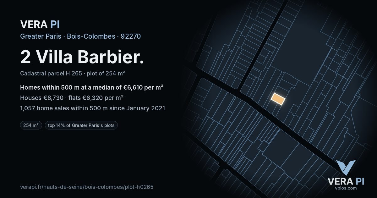 2 Villa Barbier, Bois-Colombes at night – the plot lit, the parcels around coloured by the prices near them