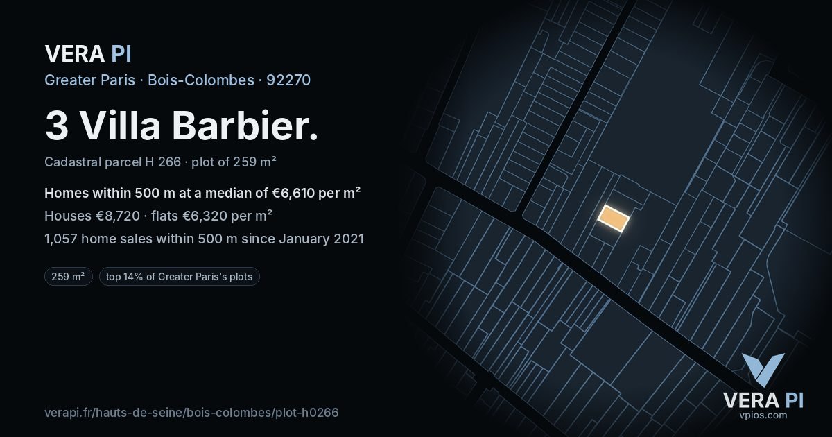 3 Villa Barbier, Bois-Colombes at night – the plot lit, the parcels around coloured by the prices near them
