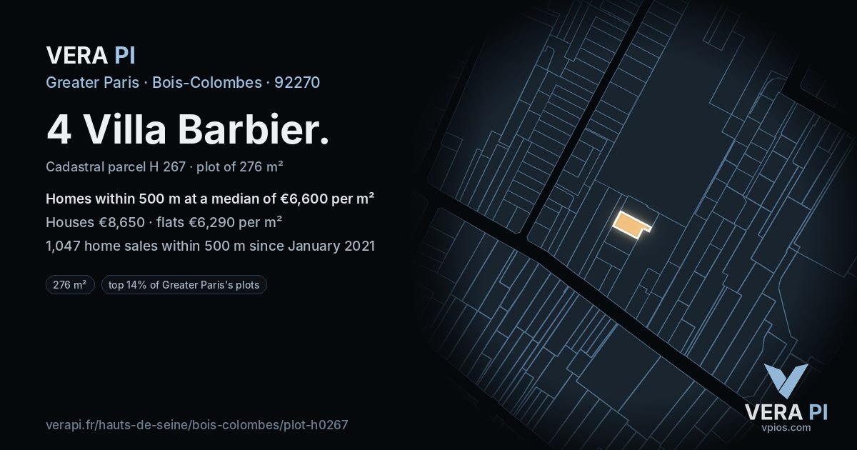 4 Villa Barbier, Bois-Colombes at night – the plot lit, the parcels around coloured by the prices near them