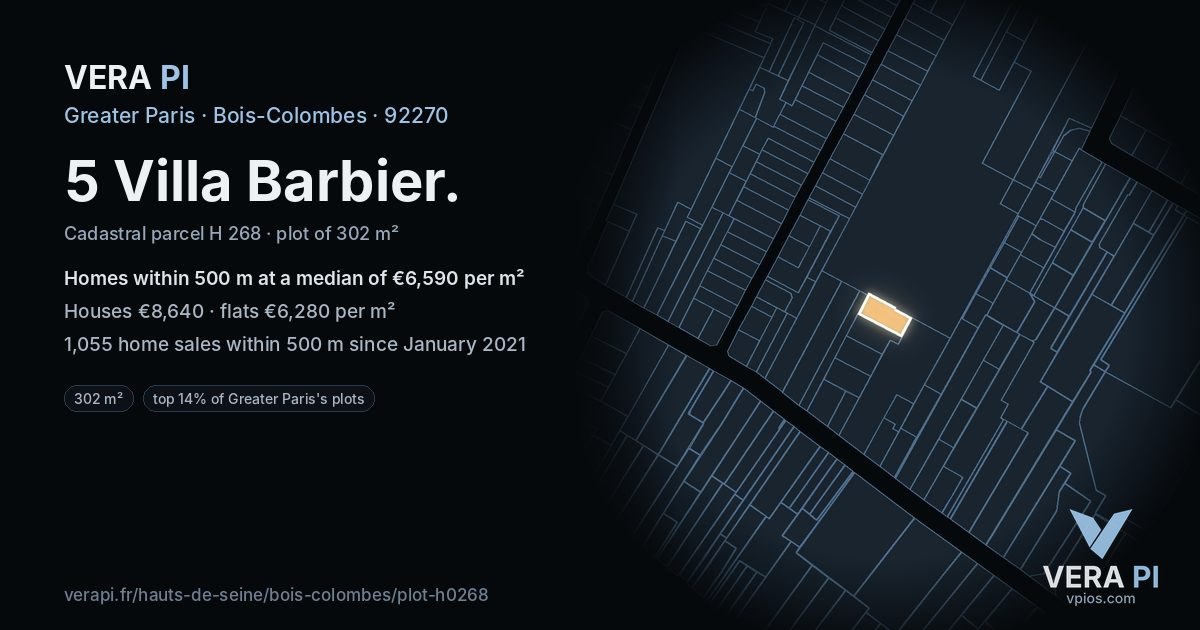 5 Villa Barbier, Bois-Colombes at night – the plot lit, the parcels around coloured by the prices near them