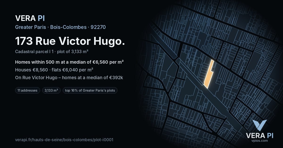 173 Rue Victor Hugo, Bois-Colombes at night – the plot lit, the parcels around coloured by the prices near them
