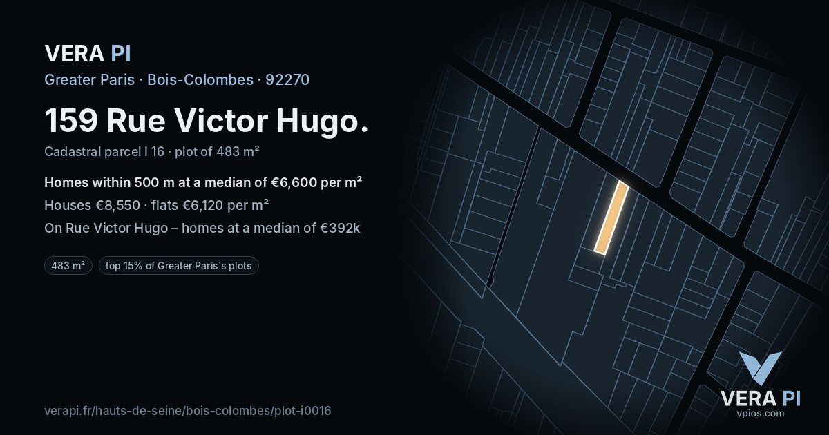 159 Rue Victor Hugo, Bois-Colombes at night – the plot lit, the parcels around coloured by the prices near them