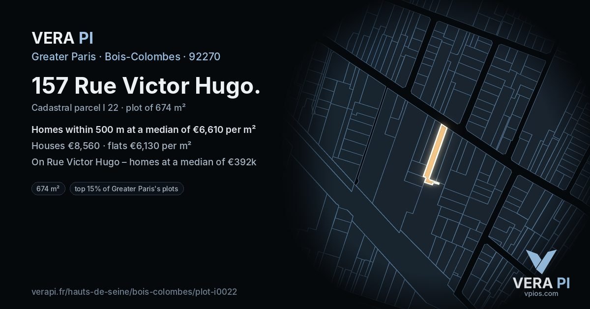 157 Rue Victor Hugo, Bois-Colombes at night – the plot lit, the parcels around coloured by the prices near them
