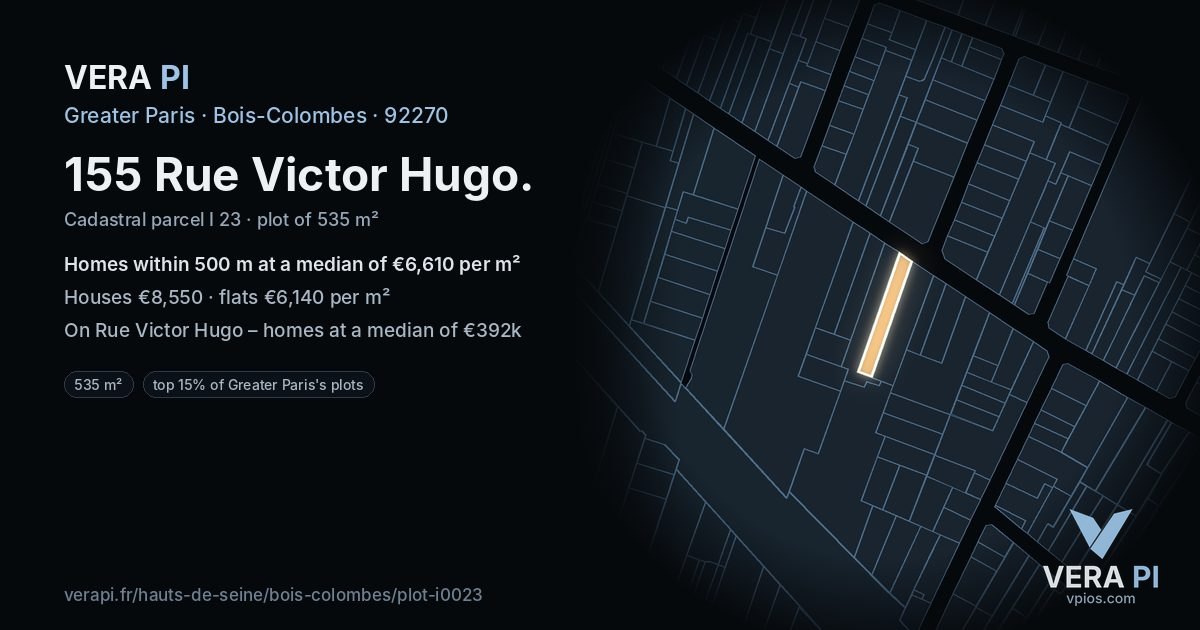 155 Rue Victor Hugo, Bois-Colombes at night – the plot lit, the parcels around coloured by the prices near them
