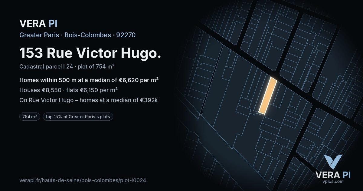 153 Rue Victor Hugo, Bois-Colombes at night – the plot lit, the parcels around coloured by the prices near them