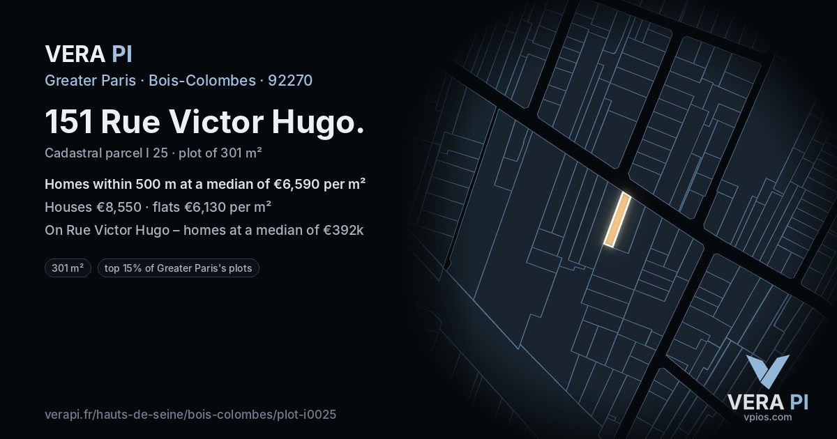 151 Rue Victor Hugo, Bois-Colombes at night – the plot lit, the parcels around coloured by the prices near them
