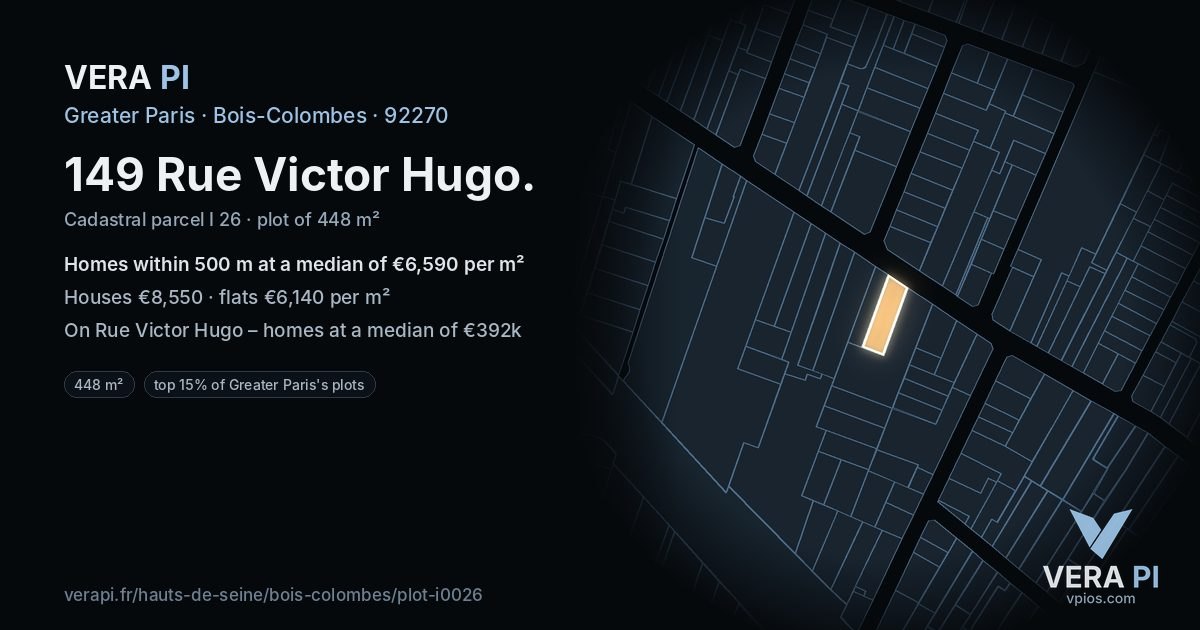 149 Rue Victor Hugo, Bois-Colombes at night – the plot lit, the parcels around coloured by the prices near them