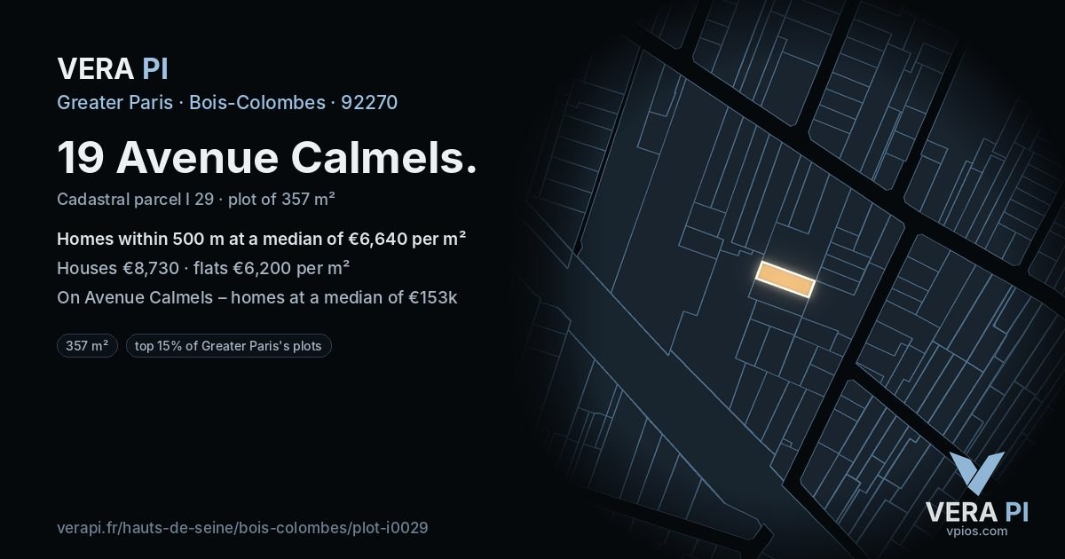 19 Avenue Calmels, Bois-Colombes at night – the plot lit, the parcels around coloured by the prices near them