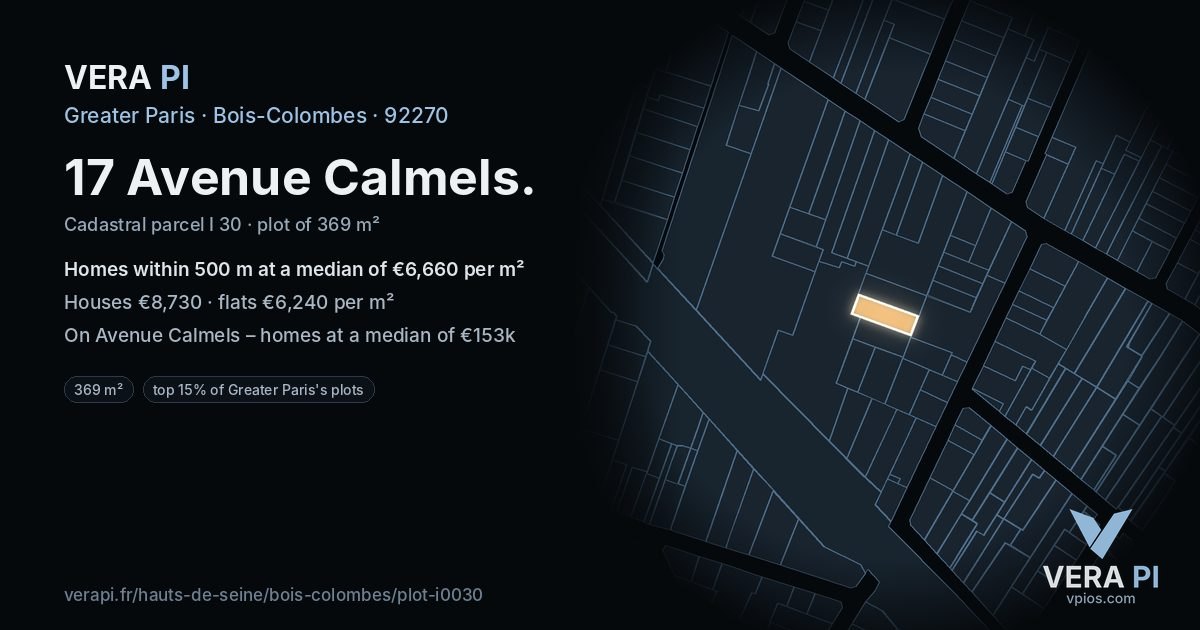 17 Avenue Calmels, Bois-Colombes at night – the plot lit, the parcels around coloured by the prices near them