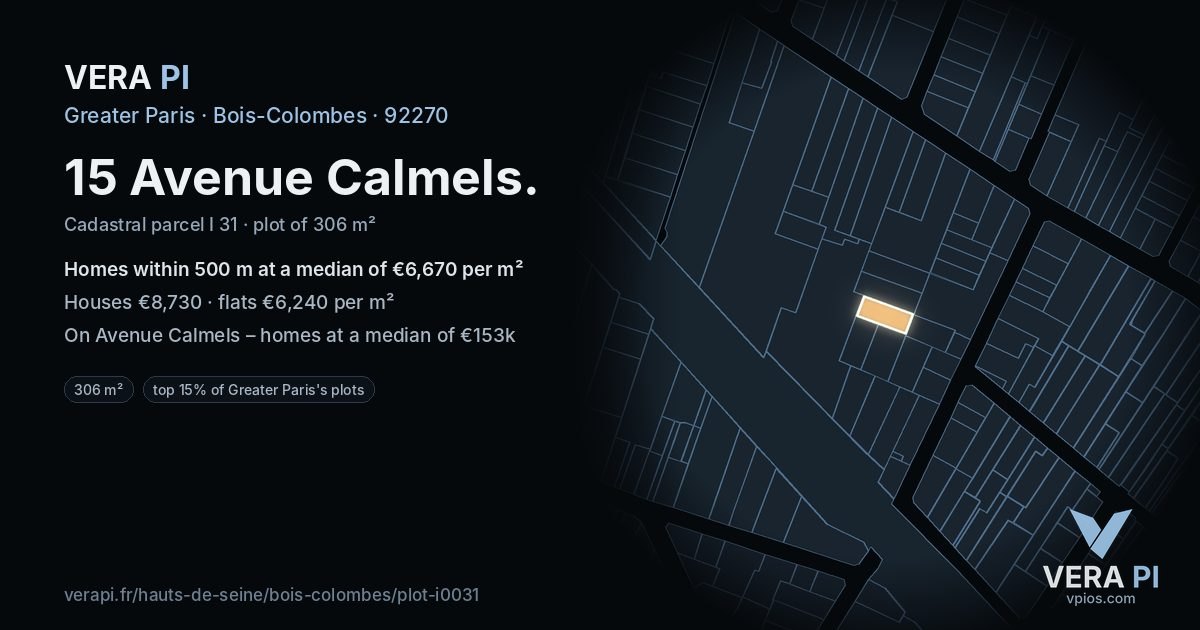 15 Avenue Calmels, Bois-Colombes at night – the plot lit, the parcels around coloured by the prices near them