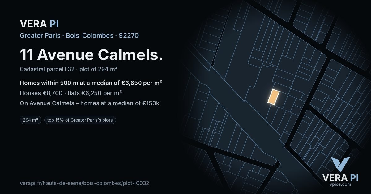 11 Avenue Calmels, Bois-Colombes at night – the plot lit, the parcels around coloured by the prices near them