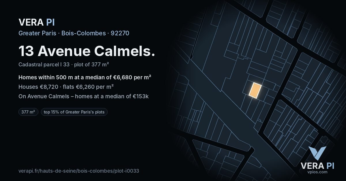 13 Avenue Calmels, Bois-Colombes at night – the plot lit, the parcels around coloured by the prices near them