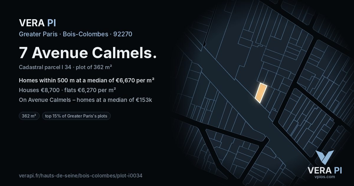 7 Avenue Calmels, Bois-Colombes at night – the plot lit, the parcels around coloured by the prices near them