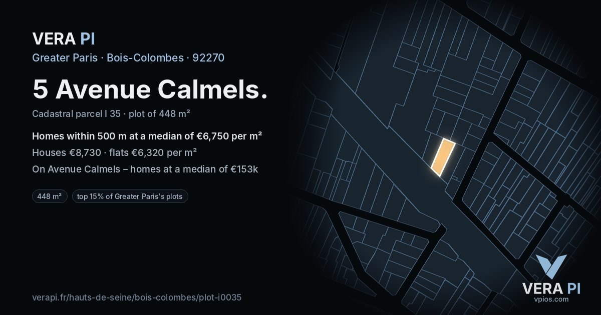 5 Avenue Calmels, Bois-Colombes at night – the plot lit, the parcels around coloured by the prices near them