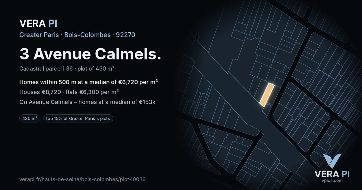 3 Avenue Calmels, Bois-Colombes at night – the plot lit, the parcels around coloured by the prices near them