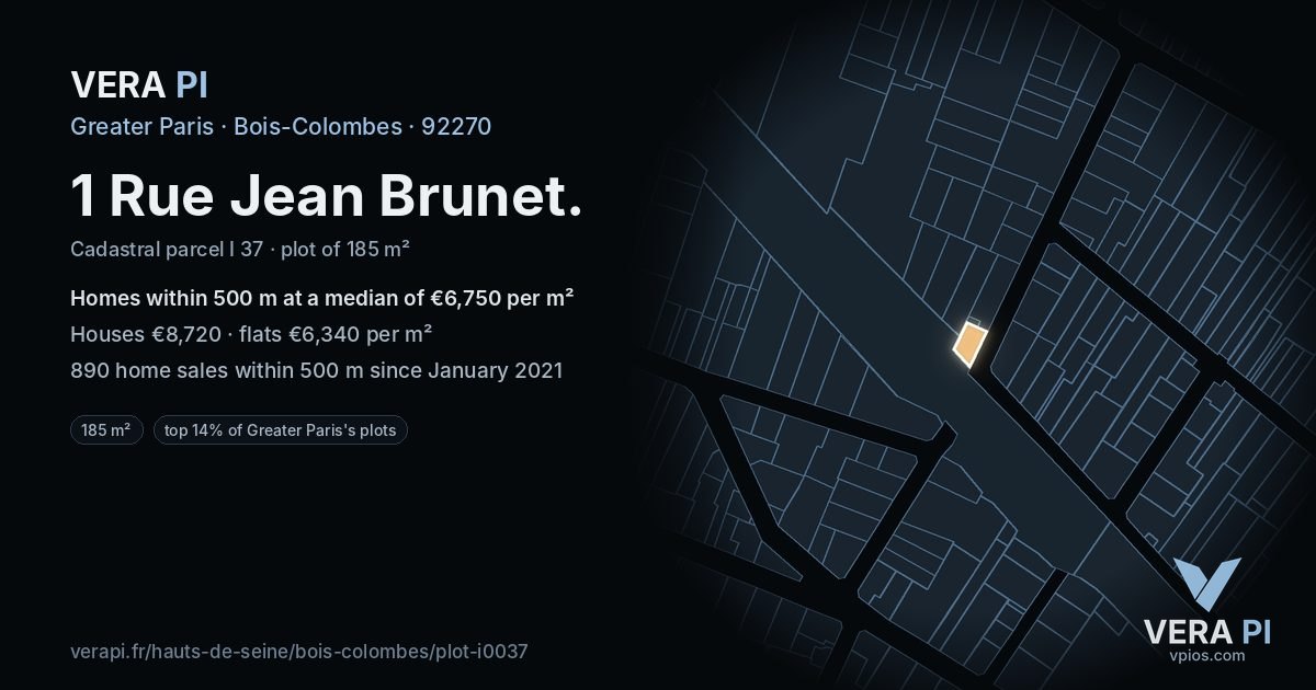 1 Rue Jean Brunet, Bois-Colombes at night – the plot lit, the parcels around coloured by the prices near them