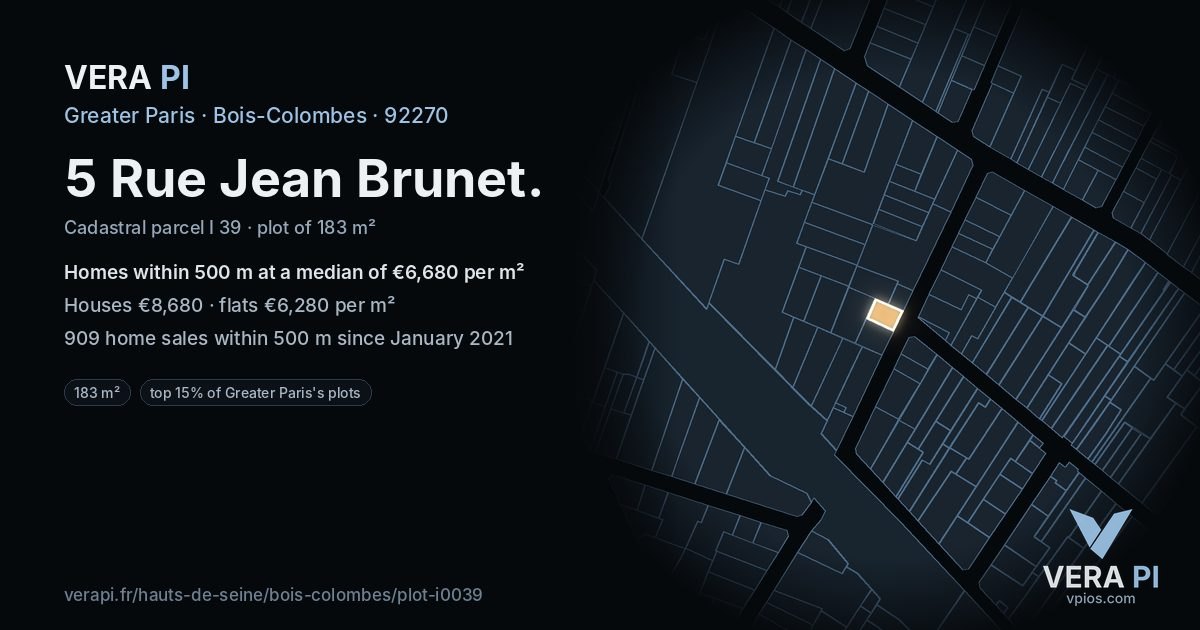 5 Rue Jean Brunet, Bois-Colombes at night – the plot lit, the parcels around coloured by the prices near them