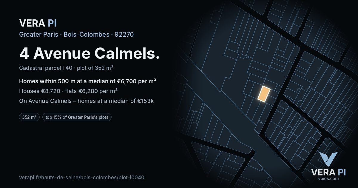 4 Avenue Calmels, Bois-Colombes at night – the plot lit, the parcels around coloured by the prices near them