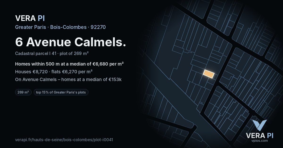 6 Avenue Calmels, Bois-Colombes at night – the plot lit, the parcels around coloured by the prices near them