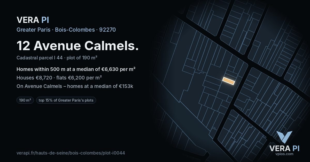 12 Avenue Calmels, Bois-Colombes at night – the plot lit, the parcels around coloured by the prices near them