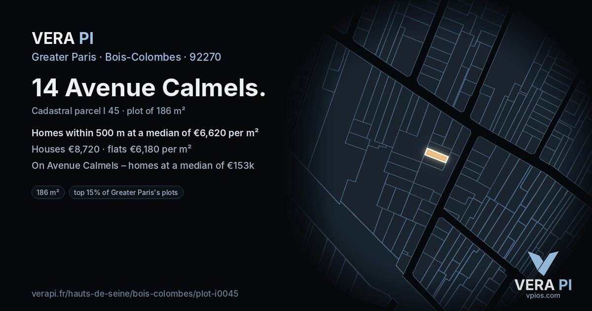 14 Avenue Calmels, Bois-Colombes at night – the plot lit, the parcels around coloured by the prices near them