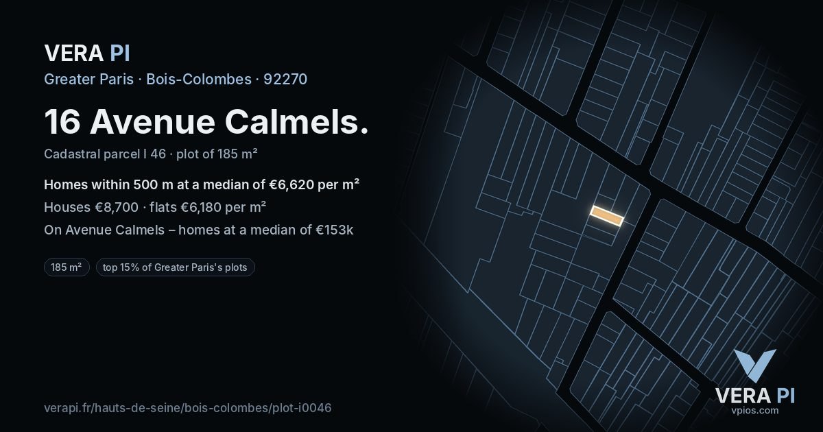 16 Avenue Calmels, Bois-Colombes at night – the plot lit, the parcels around coloured by the prices near them