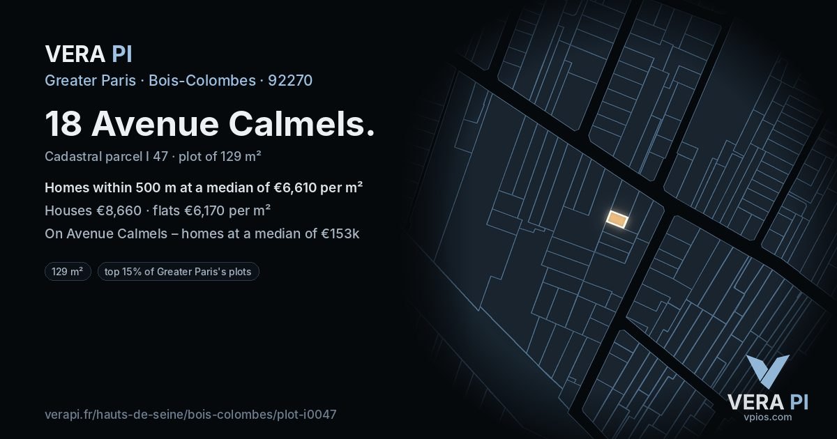18 Avenue Calmels, Bois-Colombes at night – the plot lit, the parcels around coloured by the prices near them