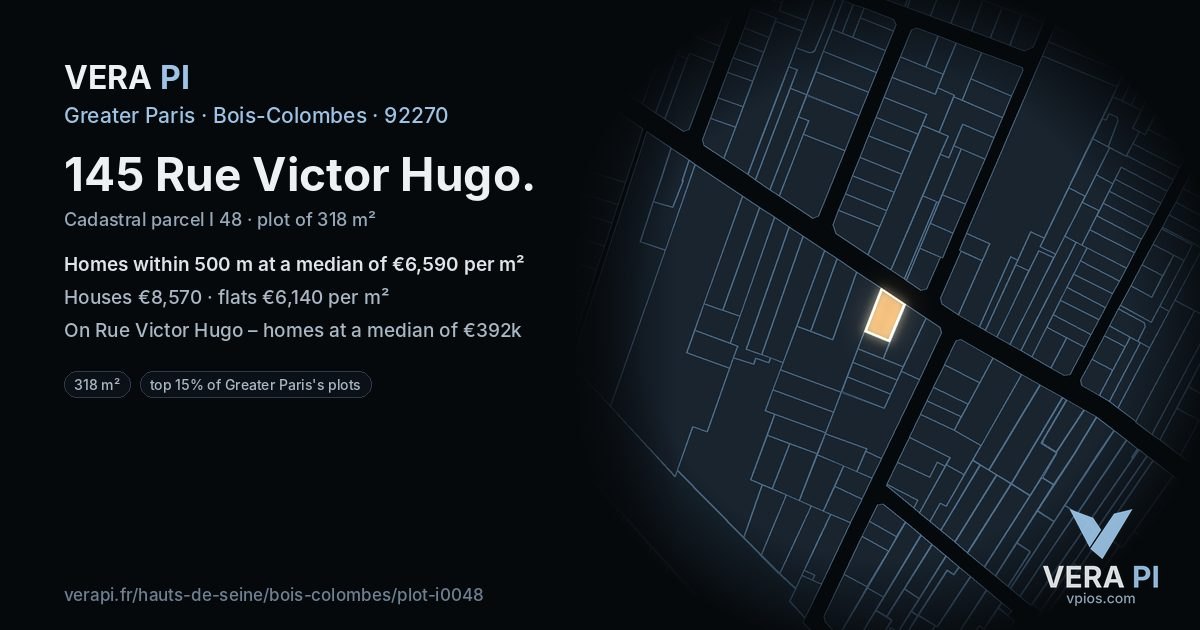 145 Rue Victor Hugo, Bois-Colombes at night – the plot lit, the parcels around coloured by the prices near them