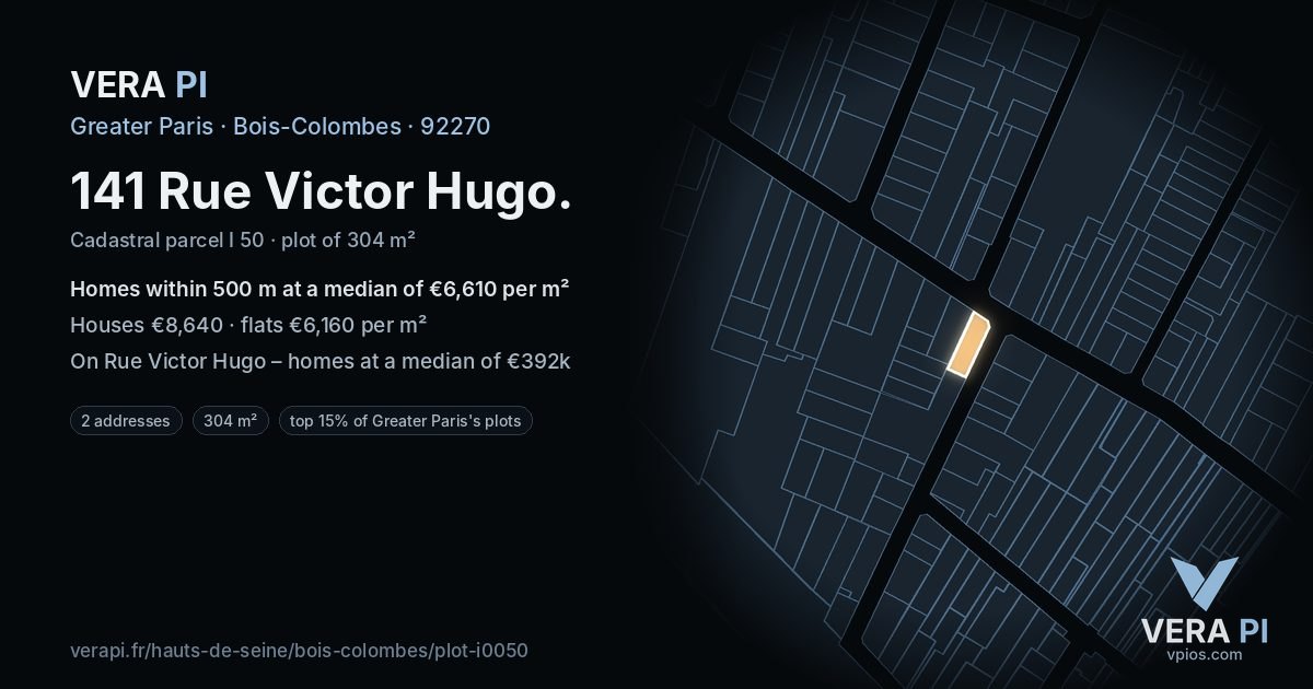 141 Rue Victor Hugo, Bois-Colombes at night – the plot lit, the parcels around coloured by the prices near them