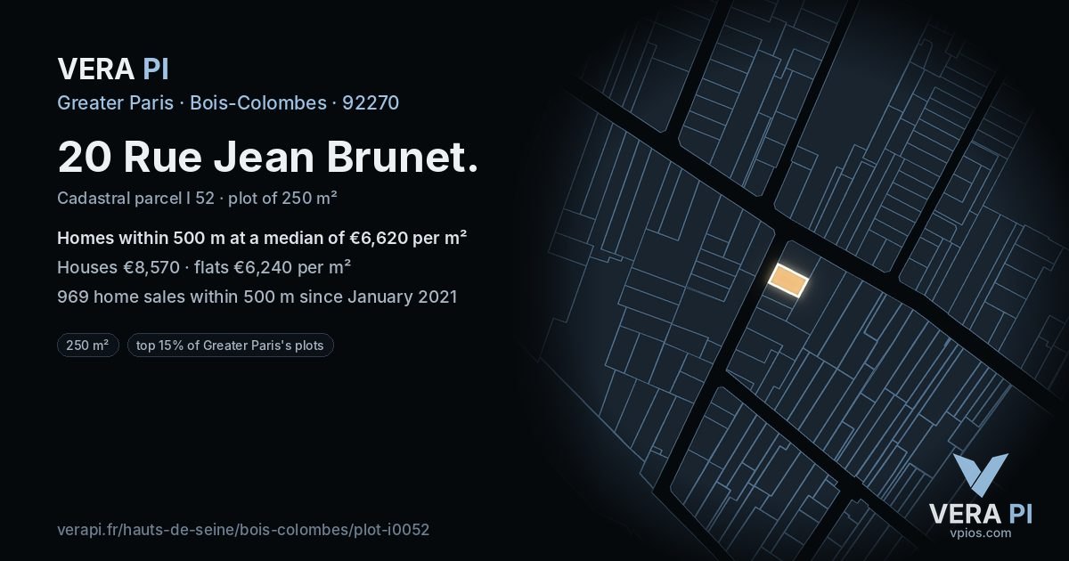 20 Rue Jean Brunet, Bois-Colombes at night – the plot lit, the parcels around coloured by the prices near them