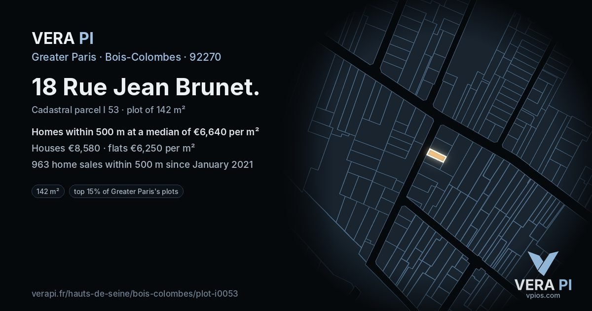18 Rue Jean Brunet, Bois-Colombes at night – the plot lit, the parcels around coloured by the prices near them