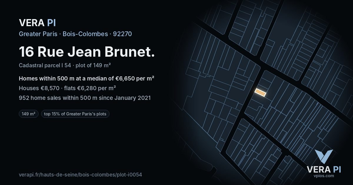 16 Rue Jean Brunet, Bois-Colombes at night – the plot lit, the parcels around coloured by the prices near them