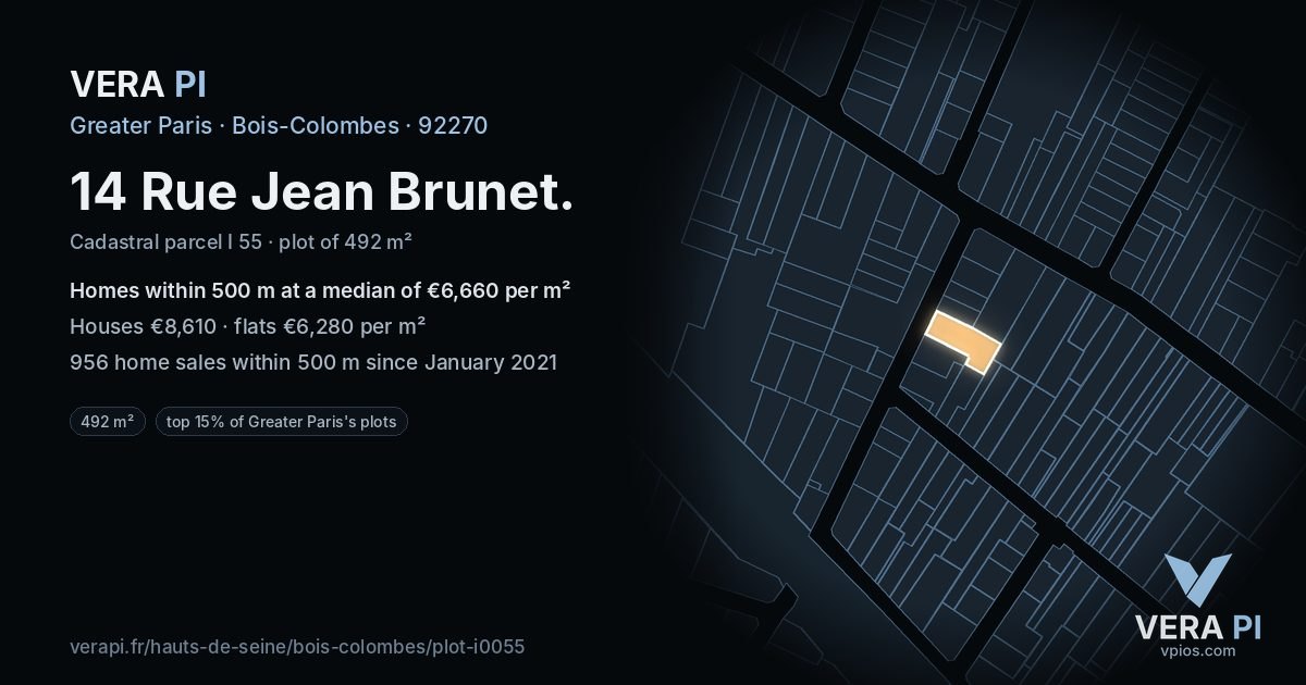 14 Rue Jean Brunet, Bois-Colombes at night – the plot lit, the parcels around coloured by the prices near them