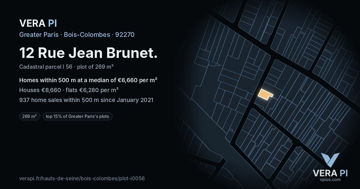 12 Rue Jean Brunet, Bois-Colombes at night – the plot lit, the parcels around coloured by the prices near them