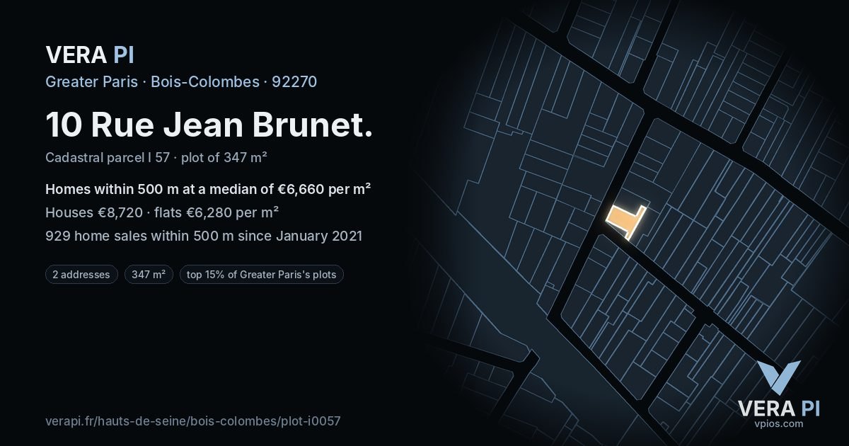 10 Rue Jean Brunet, Bois-Colombes at night – the plot lit, the parcels around coloured by the prices near them