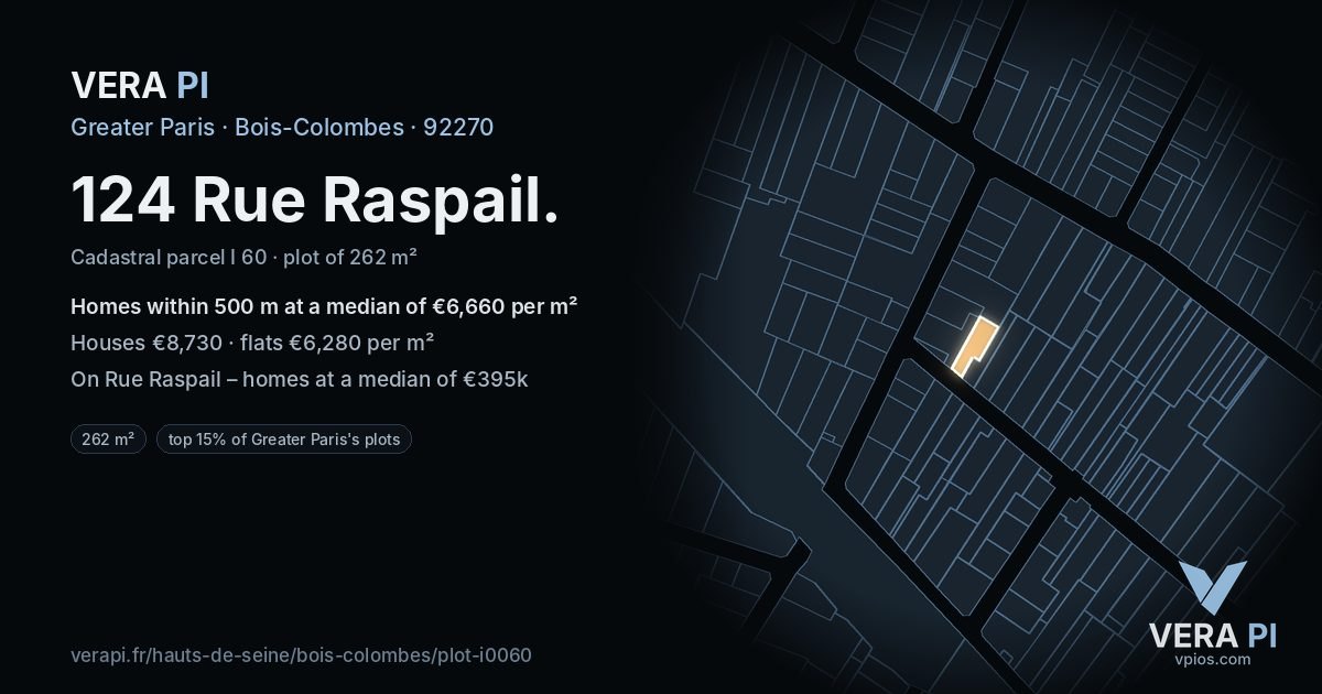 124 Rue Raspail, Bois-Colombes at night – the plot lit, the parcels around coloured by the prices near them