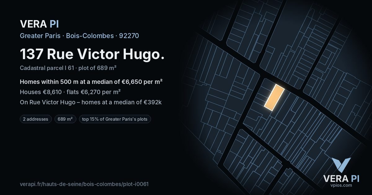 137 Rue Victor Hugo, Bois-Colombes at night – the plot lit, the parcels around coloured by the prices near them
