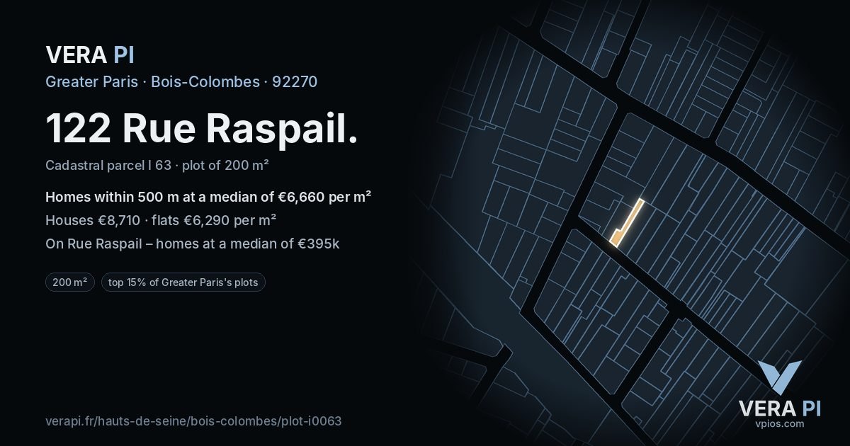 122 Rue Raspail, Bois-Colombes at night – the plot lit, the parcels around coloured by the prices near them