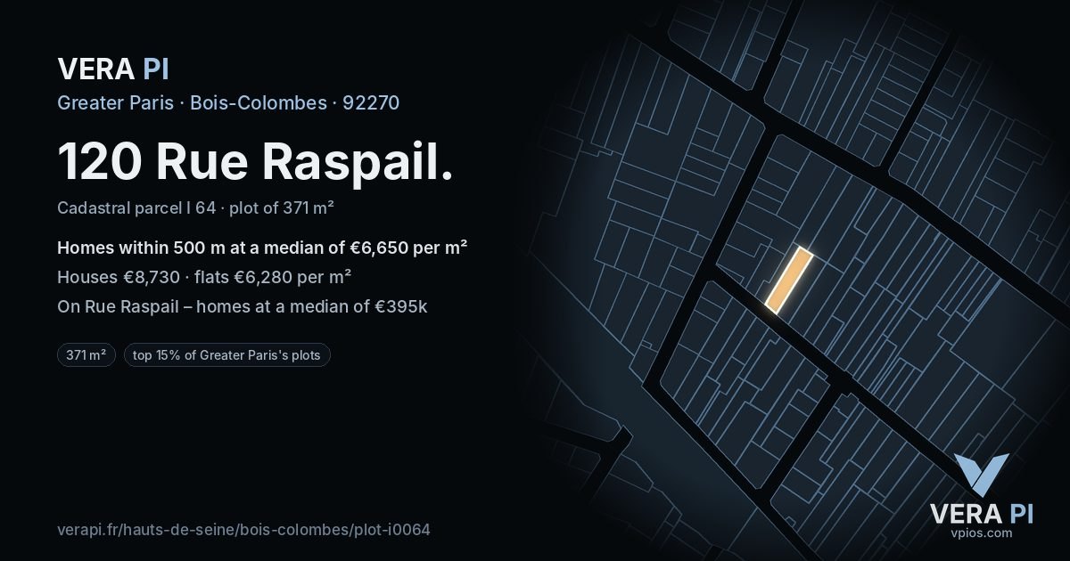 120 Rue Raspail, Bois-Colombes at night – the plot lit, the parcels around coloured by the prices near them