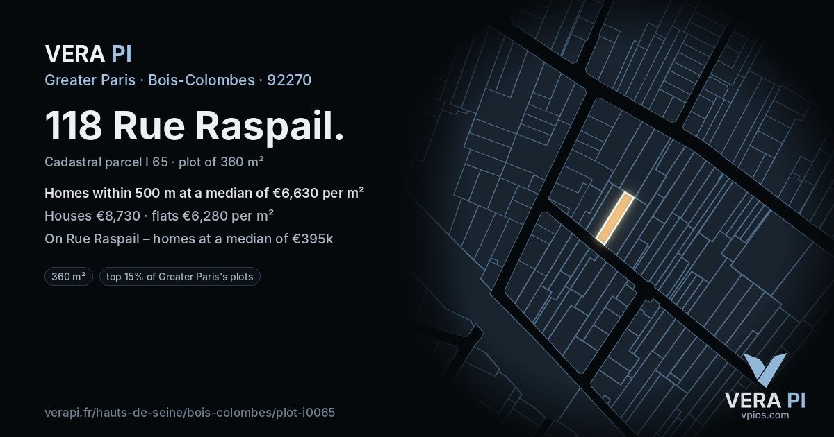 118 Rue Raspail, Bois-Colombes at night – the plot lit, the parcels around coloured by the prices near them