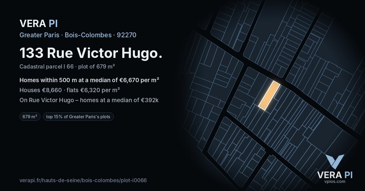 133 Rue Victor Hugo, Bois-Colombes at night – the plot lit, the parcels around coloured by the prices near them