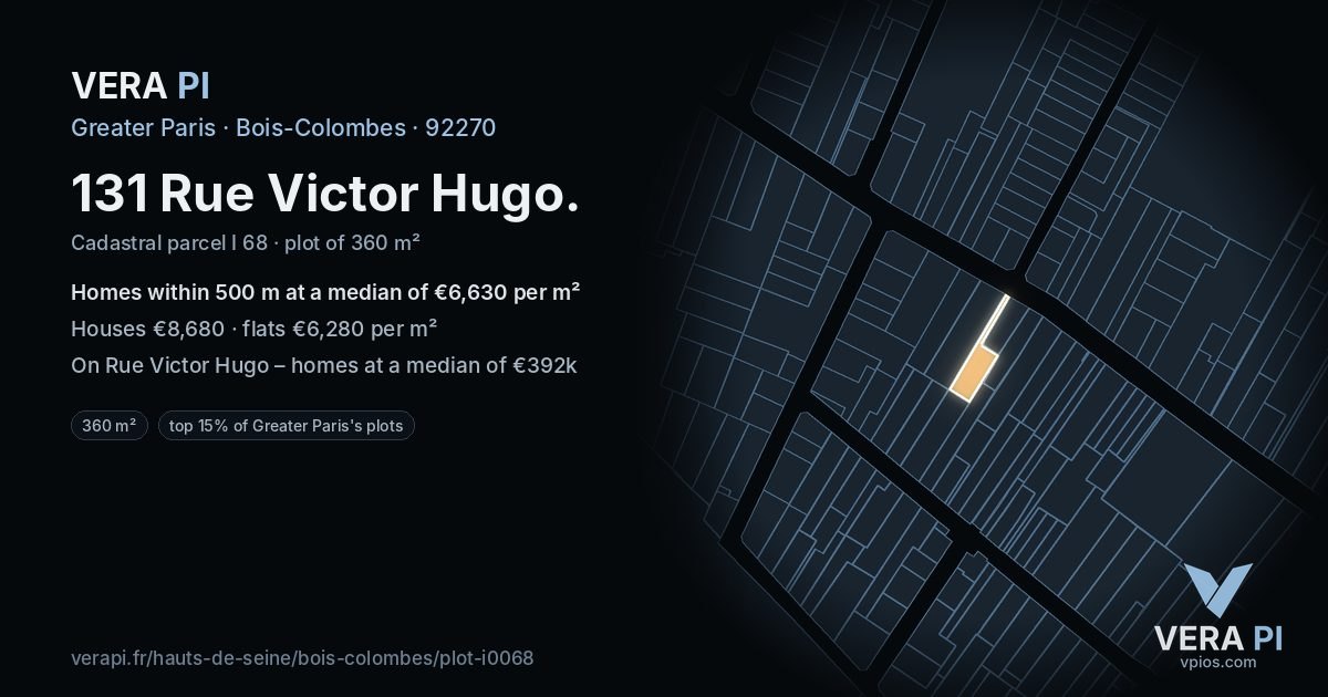 131 Rue Victor Hugo, Bois-Colombes at night – the plot lit, the parcels around coloured by the prices near them