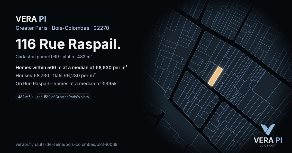 116 Rue Raspail, Bois-Colombes at night – the plot lit, the parcels around coloured by the prices near them