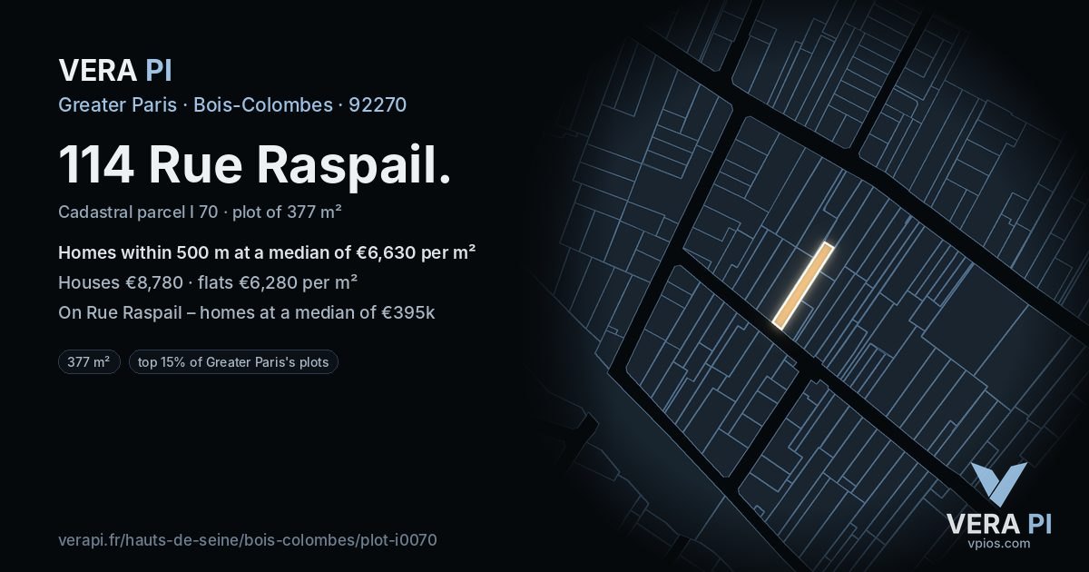114 Rue Raspail, Bois-Colombes at night – the plot lit, the parcels around coloured by the prices near them
