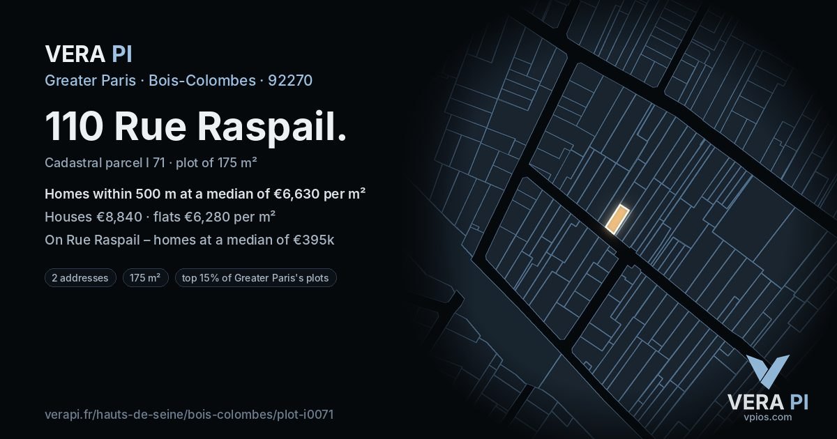 110 Rue Raspail, Bois-Colombes at night – the plot lit, the parcels around coloured by the prices near them