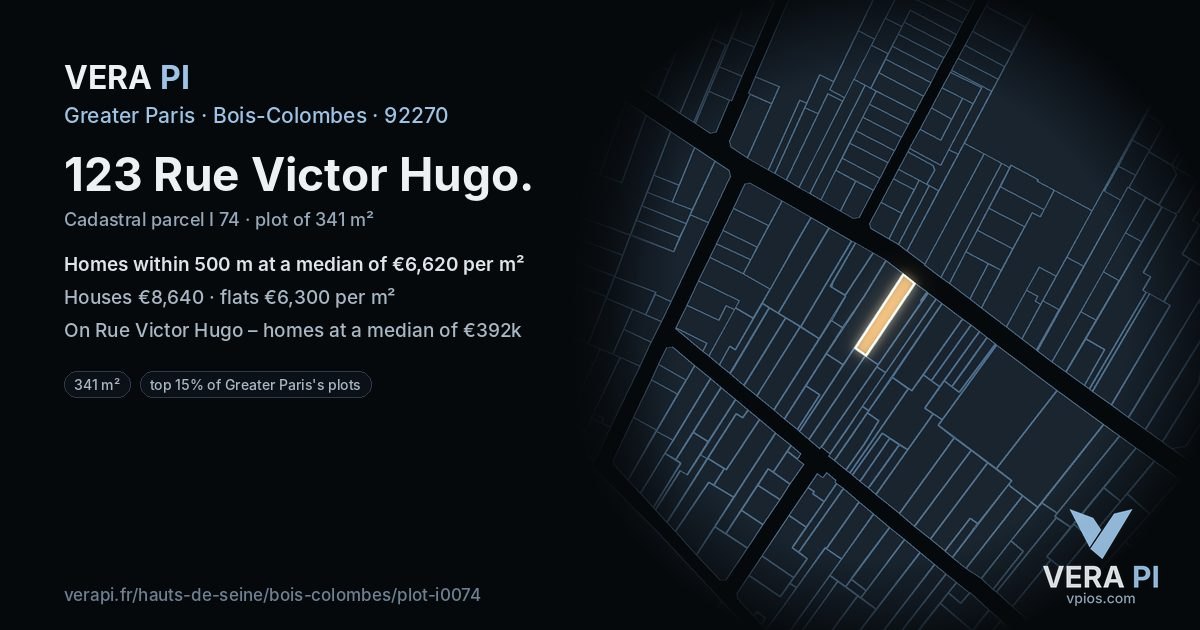 123 Rue Victor Hugo, Bois-Colombes at night – the plot lit, the parcels around coloured by the prices near them