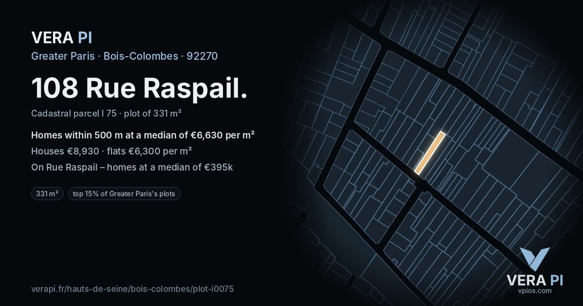 108 Rue Raspail, Bois-Colombes at night – the plot lit, the parcels around coloured by the prices near them