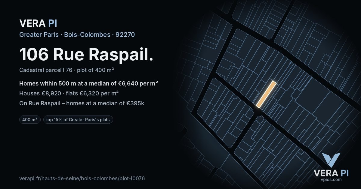 106 Rue Raspail, Bois-Colombes at night – the plot lit, the parcels around coloured by the prices near them