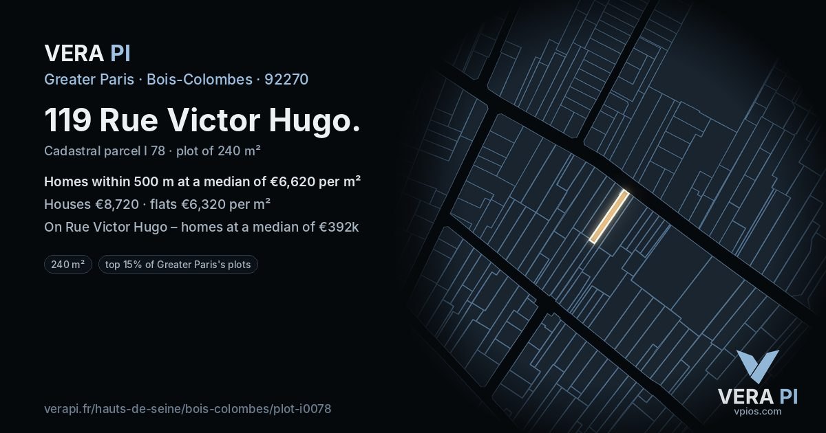 119 Rue Victor Hugo, Bois-Colombes at night – the plot lit, the parcels around coloured by the prices near them