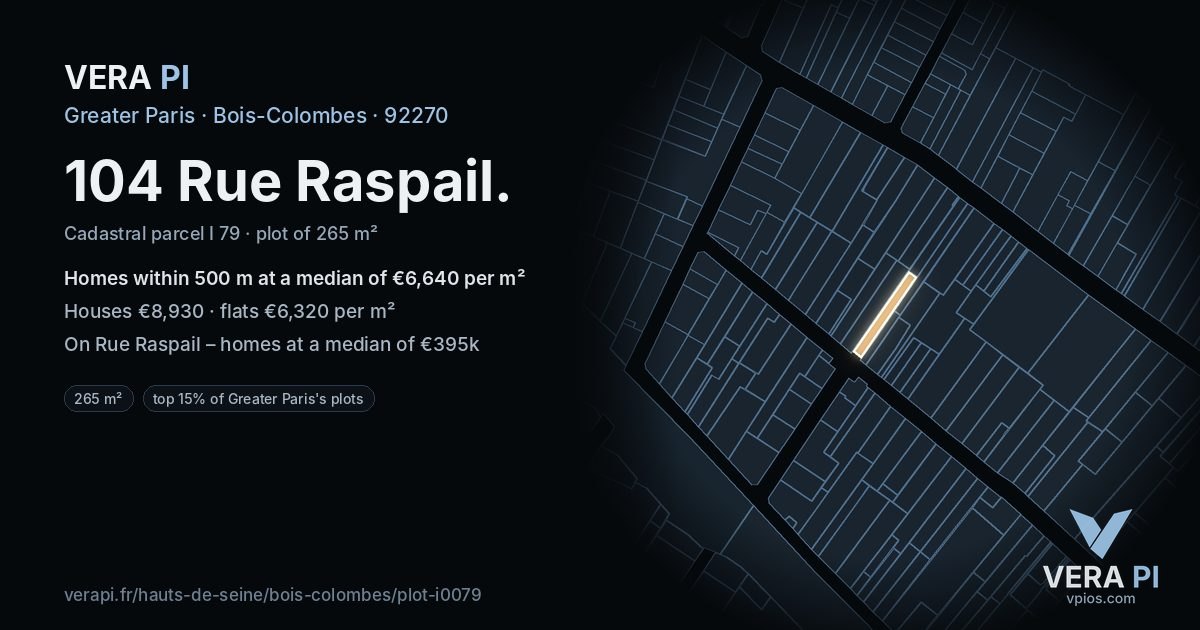 104 Rue Raspail, Bois-Colombes at night – the plot lit, the parcels around coloured by the prices near them